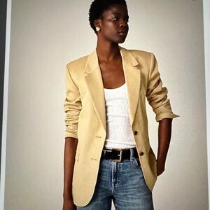 Classic two-button blazer in herringbone linen blend. The color is Honey Khaki.